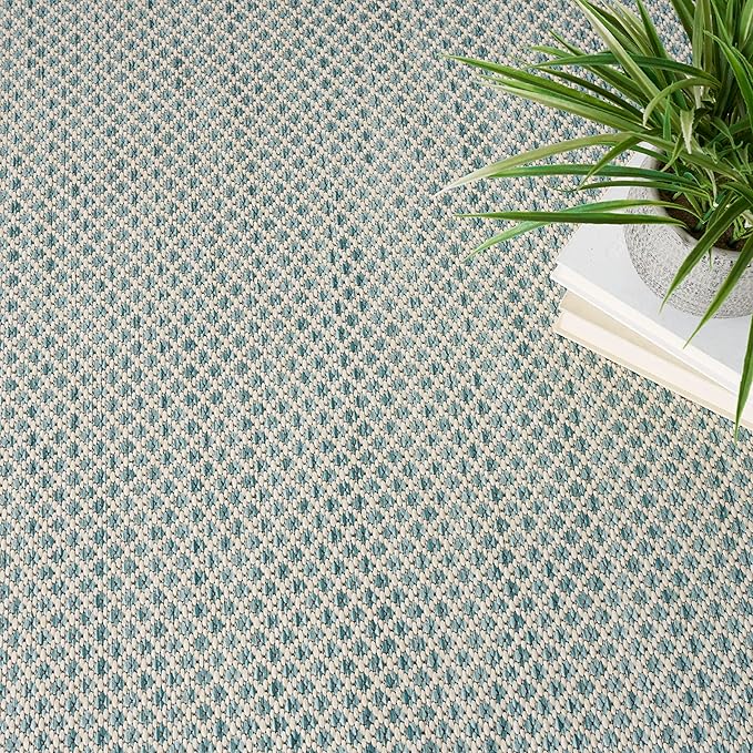 Nourison Home Courtyard Ivory Aqua 5' x Round Area Rug - Easy Clean, Non Shedding, Bed Room, Living Room, Dining Room, Kitchen (5' x Round)