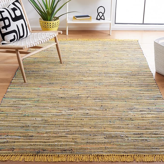SAFAVIEH Rag Rug Collection Area Rug - 6' x 9', Yellow & Multi, Handmade Boho Stripe Cotton, Ideal for High Traffic Areas in Living Room, Bedroom (RAR121H)