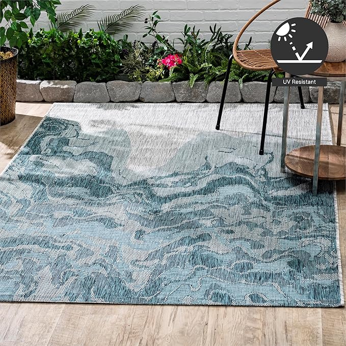 FH Home Outdoor Rug - Waterproof Easy to Clean Stain Resistant - Patio Indoor Outdoor Porch Deck Balcony Entryway - Modern Abstract - Freeport - Blue - 5ft 2in x 7ft 6in