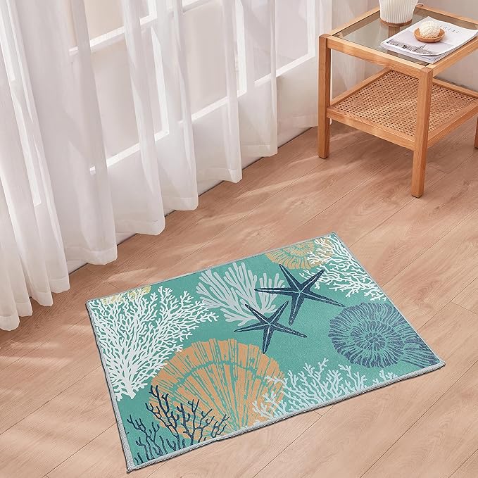 Tritard Coastal Area Rug 2x3 - Small Machine Washable Foldable Throw Rugs Non-Slip Beach Ocean Entryway Doormat Indoor Entrance Carpet for Kitchen Bathroom Laundry Bedroom Living Room, Teal