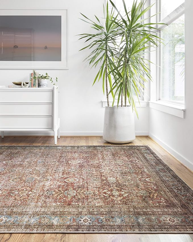 Loloi Layla Collection LAY-01 Brick/Blue 2'-6" x 9'-6" .13" Thick Runner Rug, Soft, Durable, Vintage Inspired, Distressed, Low Pile, Non-Shedding, Easy Clean, Printed, Living Room Rug