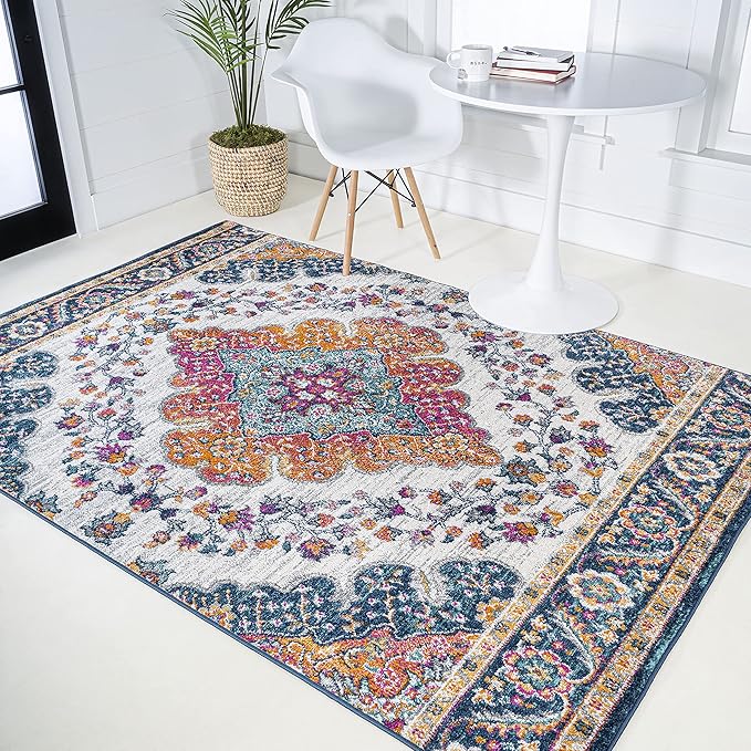 JONATHAN Y Boho Vintage Blue/Multi Indoor Area Rug, 6x9, Bohemian Flair Medallion, Floral Easy-Cleaning High Traffic for Living Room, Bedroom, Kitchen, Pet-Friendly, Non-Shedding (BMF106A-6)