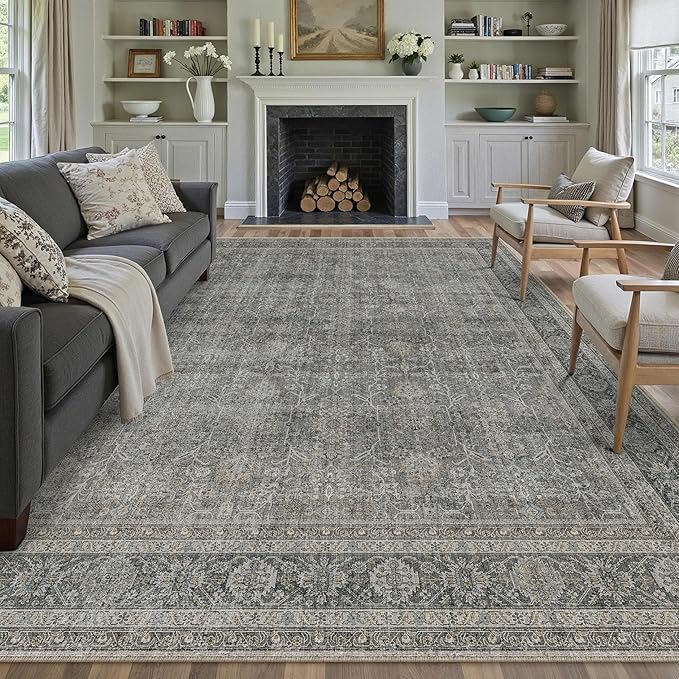 Vintage Area Rug 6x9 Grey Brown Washable Living Room Large Carpet Non Slip Bedroom Indoor Office Low Pile Traditional Distressed Retro Accent Rug for Dining Room Kitchen