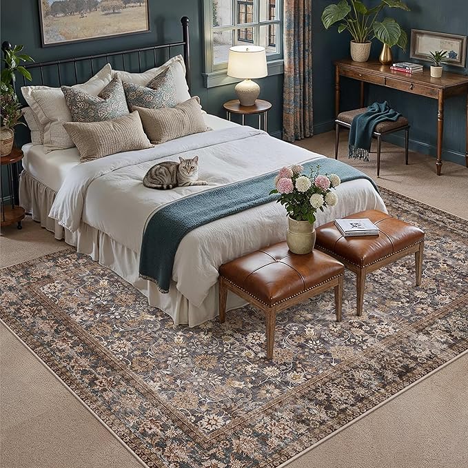 HUGEAR 6x9 Machine Washable Rugs Tradition Brown Hallway Large Area Rug Indoor Accent Rug Floral Low Pile Carpet Soft Throw Aesthetic Rug Bedroom Living Room Office Dining Room Kitchen Laundry Room