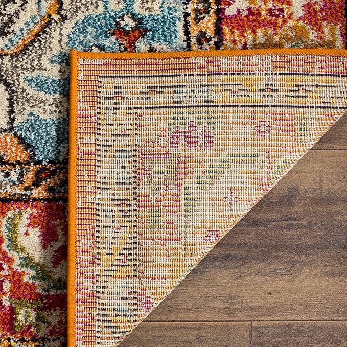 SAFAVIEH Monaco Collection Area Rug - 4' Square, Orange & Light Blue, Boho Chic Medallion Distressed Design, Non-Shedding & Easy Care, Ideal for High Traffic Areas in Living Room, Bedroom (MNC243H)