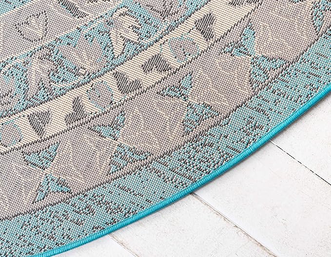 Unique Loom Taftan Collection Border Geometric Tribal Inspired Design Area Rug (8' 0 x 8' 0 Round, Turquoise/ Gray)