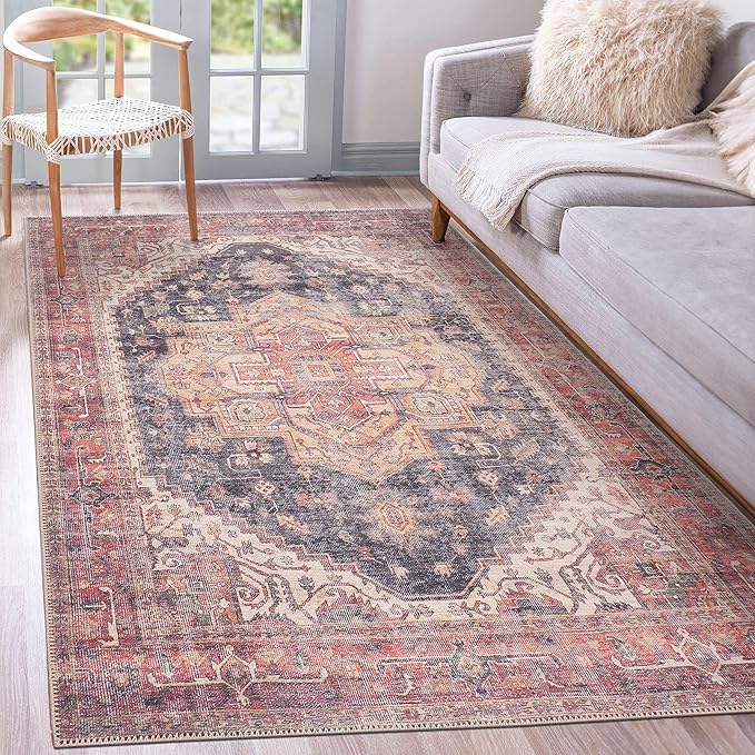 GLN Rugs Traditional Collection - Machine Washable Area Rug, Traditional Washable, Non Slip, Low Pile Chenille Rug, Living Room, Bedroom, Kitchen Rug (8' x 10' Black/Terra)