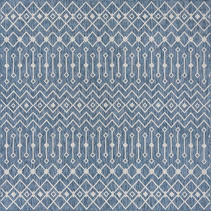 Unique Loom Outdoor Trellis Collection Area Rug - Tribal Trellis (10' Square, Blue/ Ivory)