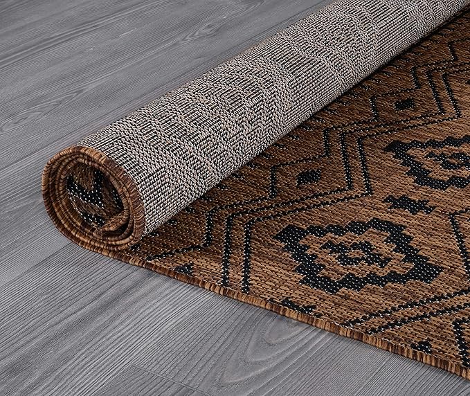 Beverly Rug Waikiki Boho Indoor Outdoor Rug 10x14, Washable Outside Carpet for Patio, Deck, Porch, Bohemian Area Rug, Farmhouse Rugs, Aztec Tribal Rug, Nut Brown and Black