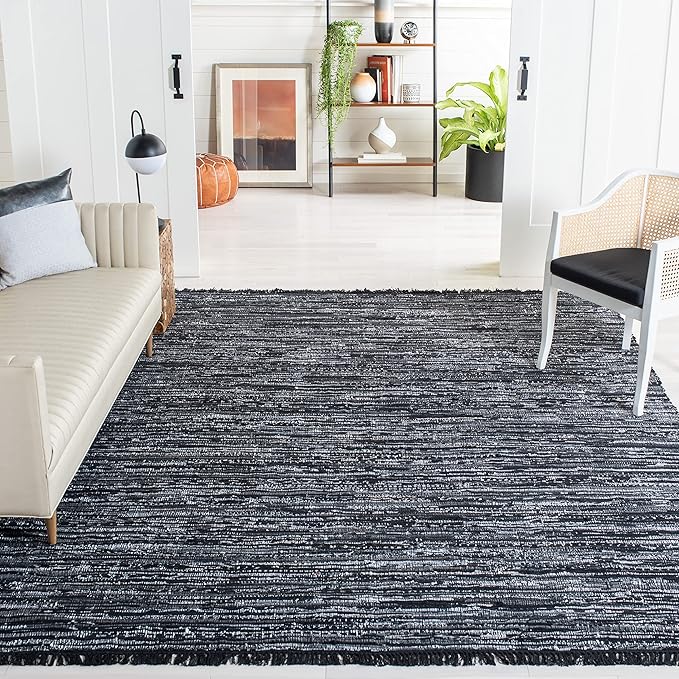 SAFAVIEH Rag Rug, Collection Area Rug - 10' x 14', Black, Handmade Boho Stripe Cotton, Ideal for High Traffic Areas in Living Room, Bedroom (RAR121Z)