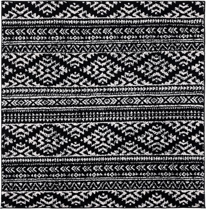 SAFAVIEH Tulum Collection Area Rug - 8' Square, Black & Ivory, Moroccan Boho Tribal Design, Non-Shedding & Easy to Clean, Ideal for Living Room, Bedroom, Dining Space (TUL272Z)