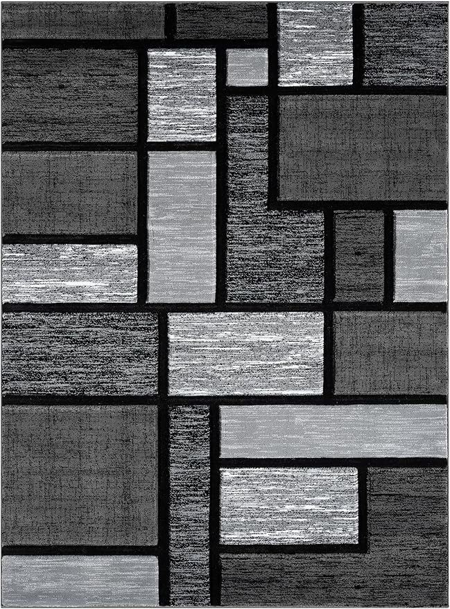 Area Rug Modern 5x7 Grey Black Geometry Squares Soft Hand Carved Contemporary Floor Carpet Fluffy Texture for Indoor Living Dining Room and Bedroom Area