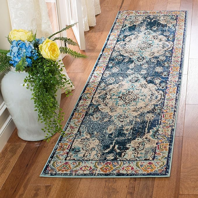 SAFAVIEH Monaco Collection Runner Rug - 2'2" x 22', Navy & Light Blue, Boho Chic Medallion Distressed Design, Non-Shedding & Easy Care, Ideal for High Traffic Areas in Living Room, Bedroom (MNC243N)