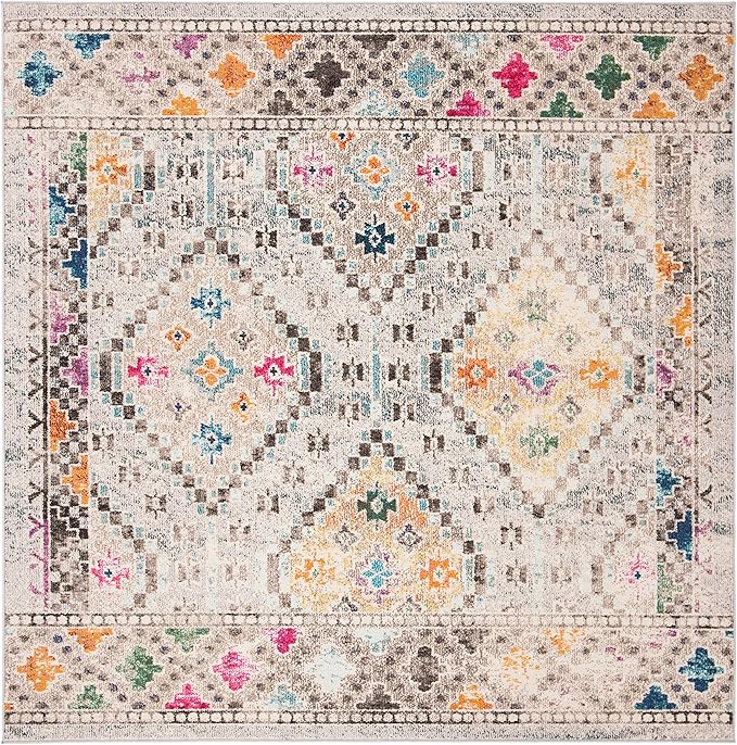 SAFAVIEH Madison Collection Area Rug - 3' Square, Grey & Yellow, Boho Diamond Distressed Design, Non-Shedding & Easy Care, Ideal for High Traffic Areas in Living Room, Bedroom (MAD418F)