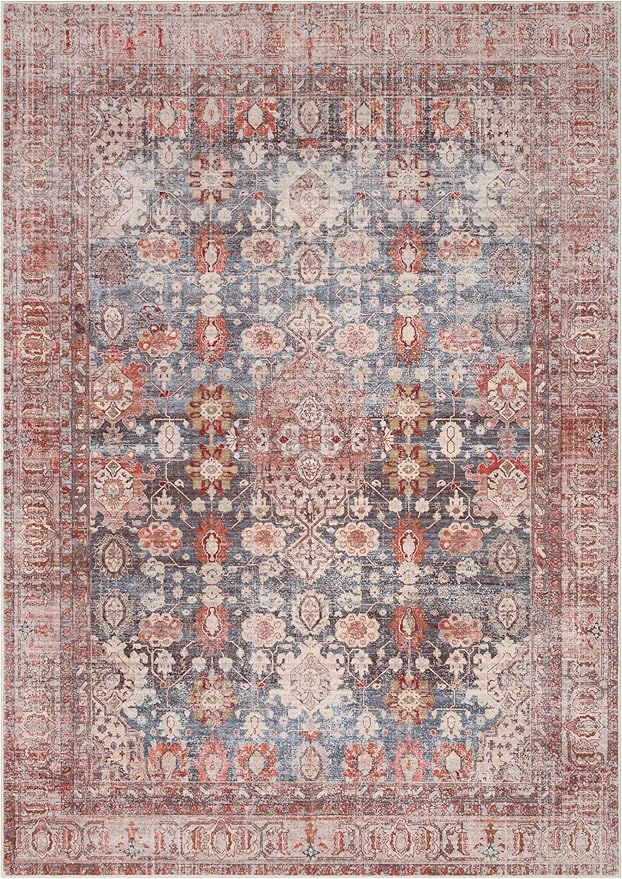 Kuden 10x14 Large Area Rug, Machine Washable Area Rug with Non-Slip Backing, Vintage Style, Soft, Easy Clean, Low Pile Rug for Living Room, Bedroom, Dining Room