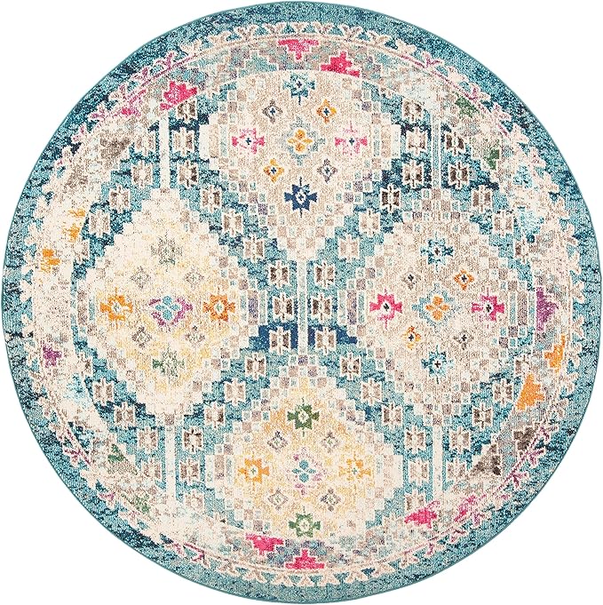 SAFAVIEH Madison Collection Area Rug - 6'7" Round, Dark Blue & Yellow, Boho Diamond Distressed Design, Non-Shedding & Easy Care, Ideal for High Traffic Areas in Living Room, Bedroom (MAD418N)