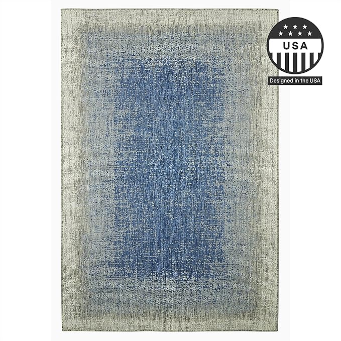 FH Home Flat Woven Outdoor Rug - Waterproof, Easy to Clean, Stain Resistant - Premium Polypropylene Yarn - Modern Ombre - Large Patio, Deck, Sunroom - Dhruva - Blue - 7ft 8in x 9ft 8in