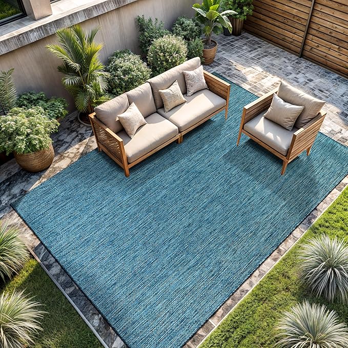 CAMILSON Outdoor Rug 10x14 Modern Area Rugs for Large Indoor and Outdoor Patios and Porches - Waterproof, Washable, Non-Shedding, Easy-to-Clean Outside Carpet (10 x 14, Solid - Aqua)