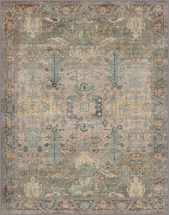 Bavni 8x10 Area Rugs for Living Room, Machine Washable Rug Lightweight Low Pile, Chenille Non Slip Rug Boho Print Decorative Carpet for Bedroom Dinner Room, Olive Green