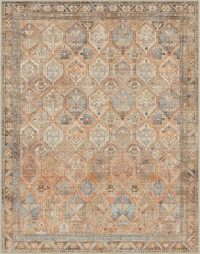 Bavni Washable Rug 5x7 Area Rug for Living Room Bedroom Dining, Washable Vintage Print Carpet, Ultra-Thin Low Pile Lightweight Rug with Non Slip Backing, Sunset Yellow