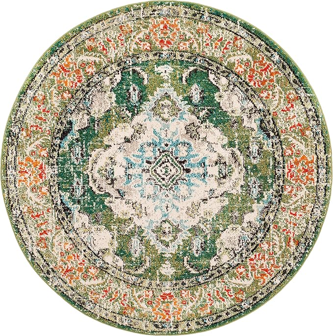 SAFAVIEH Monaco Collection Area Rug - 5' Round, Forest Green & Light Blue, Boho Medallion Distressed Design, Non-Shedding & Easy Care, Ideal for High Traffic Areas in Living Room, Bedroom (MNC243F)