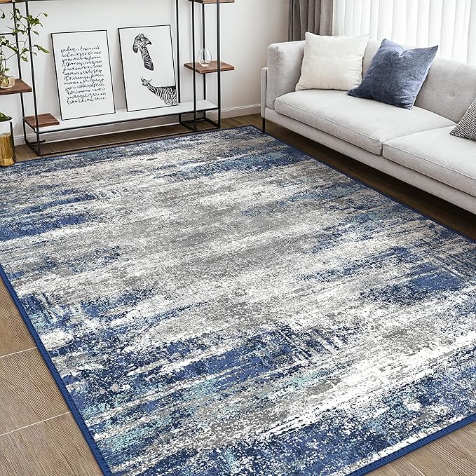 Bavni 8x10 Area Rugs, Modern Living Room Rugs, Large Machine Washable Rug Non-Slip, Soft Pet Friendly Rugs for Bedroom, Playroom, Dining Room, Indoor, Blue/Ivory