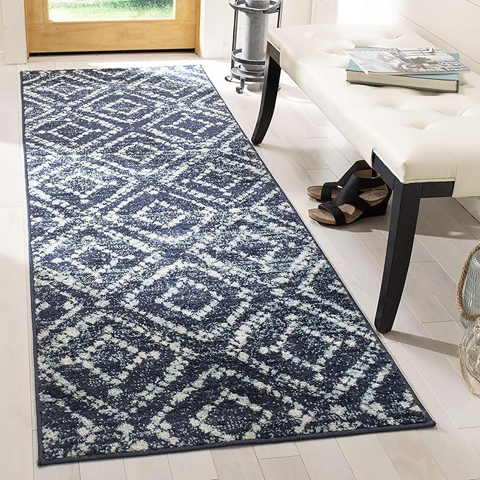 SAFAVIEH Adirondack Collection Runner Rug - 2'6" x 8', Navy & Ivory, Modern Diamond Distressed Design, Non-Shedding & Easy Care, Ideal for High Traffic Areas in Living Room, Bedroom (ADR131N)