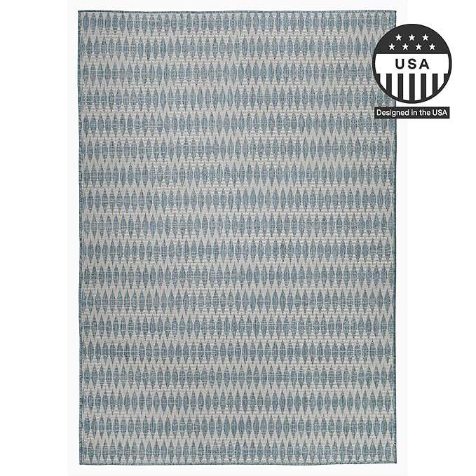 FH Home Flat Woven Outdoor Rug - Waterproof, Easy to Clean, Stain Resistant - Premium Polypropylene Yarn - Geometric - Patio, Porch, Deck, Balcony - Giza - Aqua - 5ft 2in x 7ft 6in