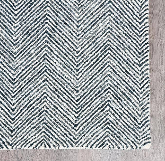 Modern Herringbone Chevron Collection Handcrafted Wool Area Rug - Durable, Zigzag Pattern, for High Traffic, Contemporary Design for Living Room, Bedroom, Dining Room Decor (Denim Blue, 2' x 3')
