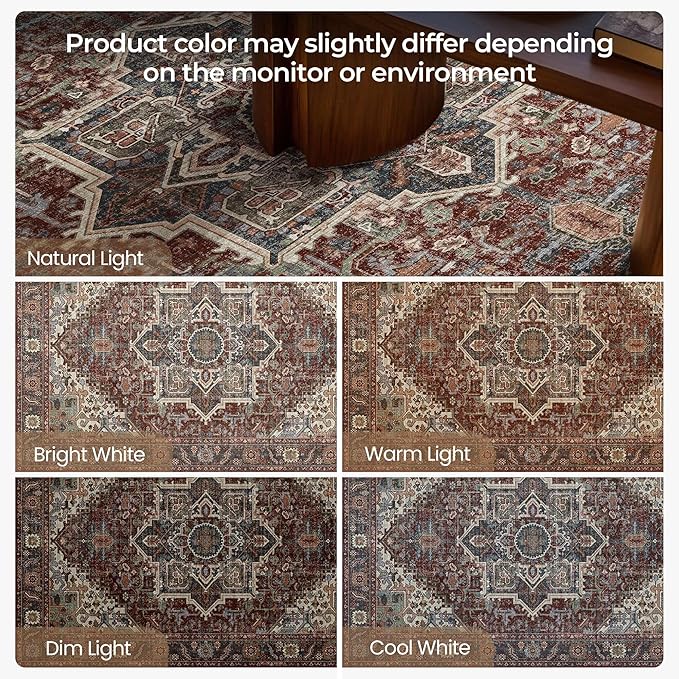 Kokia 4x6 Washable Area Rugs Maroon with Vintage Orient Design, Soft Rug for Living Room or Bedroom, Non-Slip Low Pile Stain Resistance Features, Distressed Medallion Pattern
