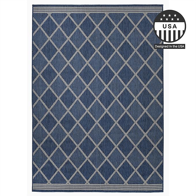FH Home Flat Woven Outdoor Rug - Waterproof, Easy to Clean, Stain Resistant - Premium Polypropylene Yarn - Moroccan Geo Lattice - Patio,Deck,Porch,Balcony,Laundry - Tunis - Blue - 3ft 11 in x 5ft 6in