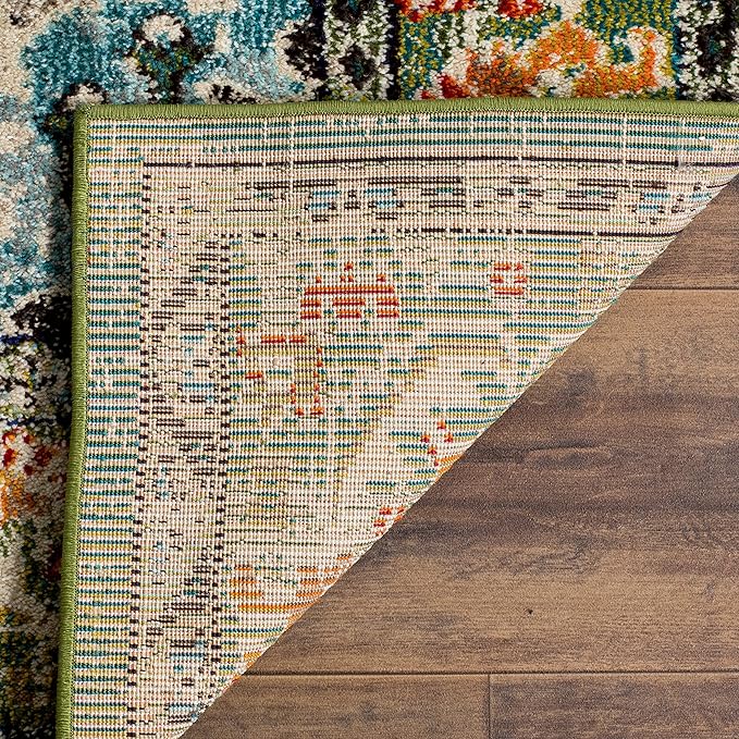 SAFAVIEH Monaco Collection Area Rug - 5' Square, Forest Green & Light Blue, Medallion Distressed Design, Non-Shedding & Easy Care, Ideal for High Traffic Areas in Living Room, Bedroom (MNC243F)