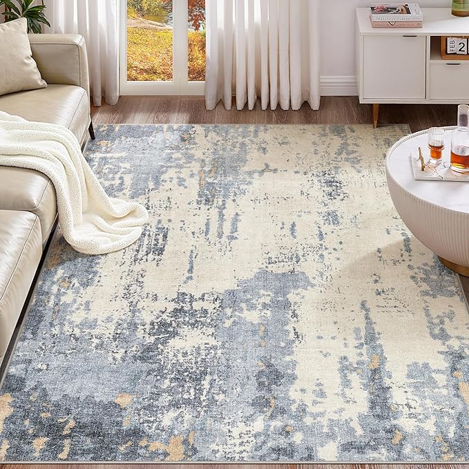 8x10 Area Rug Living Room Rugs - Washable Neutral Modern Abstract Soft Thin Rug Indoor Floor No Slip Rug Carpet for Bedroom Under Dining Table Home Office Decor - Blue/Light Brown