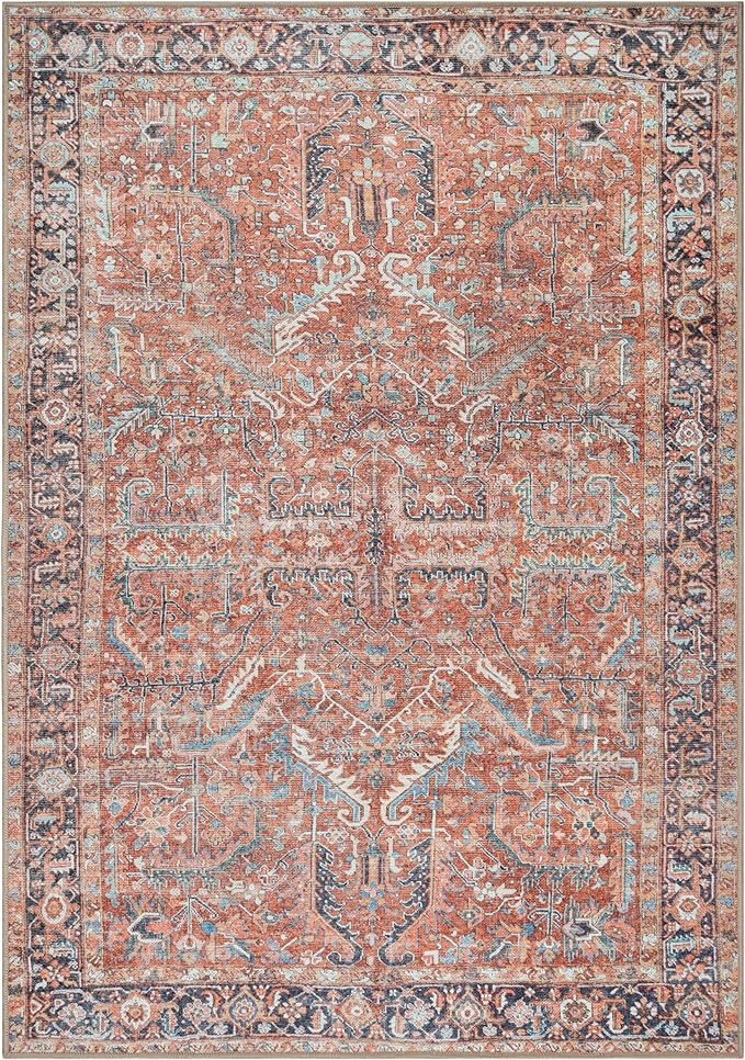 GLN Rugs Traditional Collection - Machine Washable Area Rug, Traditional Washable, Non Slip, Low Pile Chenille Rug, Living Room, Bedroom, Kitchen Rug (9' x 12' Terra/Multicolor 1168)
