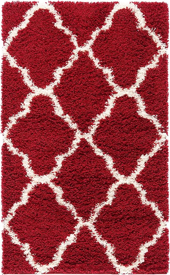 SAFAVIEH Dallas Shag Collection Accent Rug - 3' x 5', Red & Ivory, Trellis Design, Non-Shedding & Easy Care, 1.5-inch Thick Ideal for High Traffic Areas in Entryway, Living Room, Bedroom (SGD257Q)