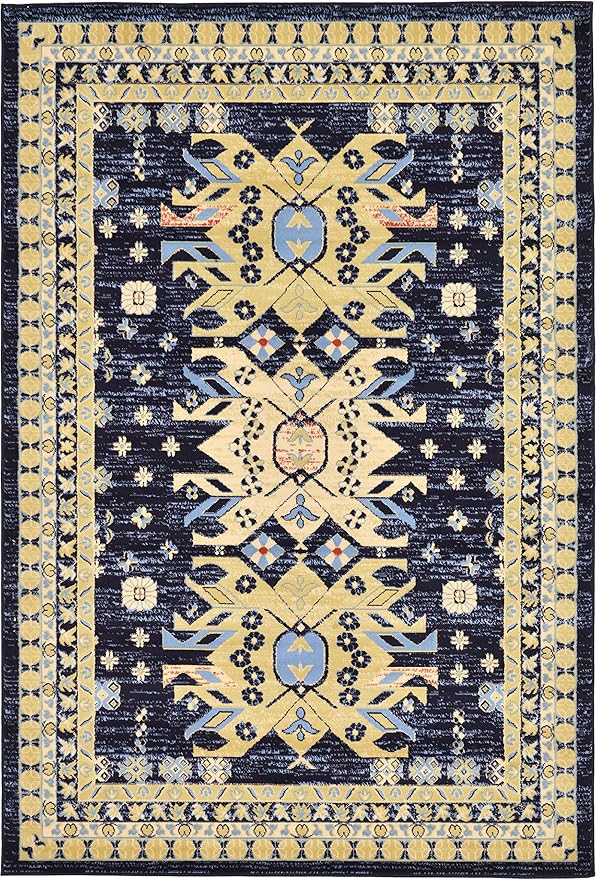 Unique Loom Taftan Collection Border Geometric Tribal Inspired Design Area Rug (6' 0 x 9' 0 Rectangular, Navy Blue/ Gold)