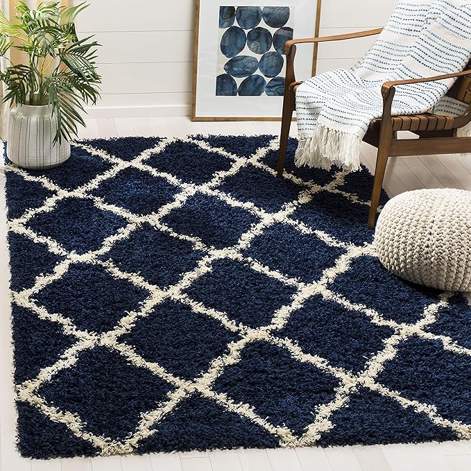 SAFAVIEH Dallas Shag Collection Accent Rug - 3' x 5', Navy & Ivory, Trellis Design, Non-Shedding & Easy Care, 1.5-inch Thick Ideal for High Traffic Areas in Entryway, Living Room, Bedroom (SGD257N)