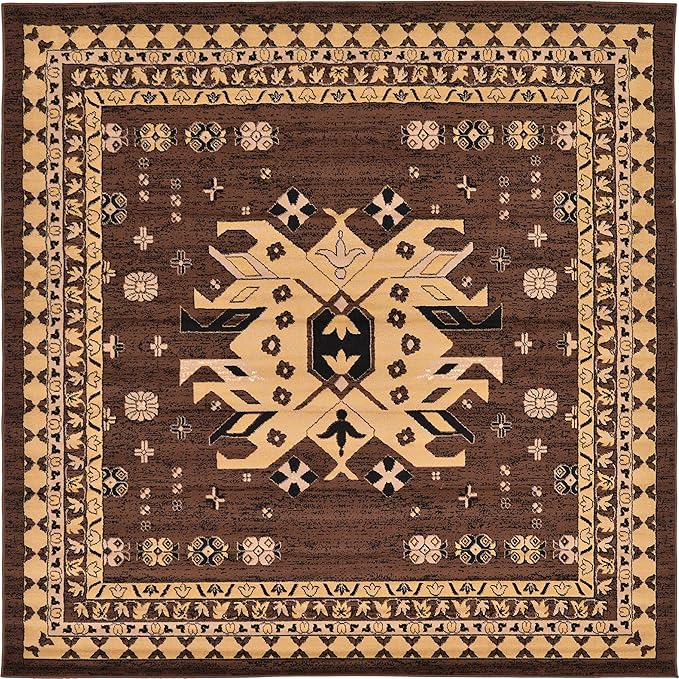 Unique Loom Taftan Collection Border Geometric Tribal Inspired Design Area Rug (8' 0 x 8' 0 Square, Brown/ Tan)