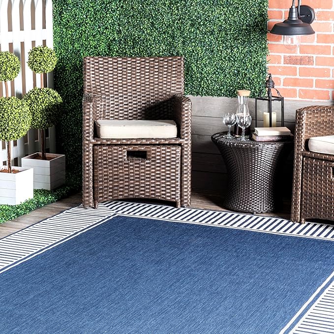 Nuloom Asha Navy/Ivory, 2' x 6', Casual, Striped Border, Soft and Cozy, High Traffic, Stain Resistant, Easy Clean, Durable Runner for Indoor/Outdoor Patio, Deck, Porch, Garden, Courtyard