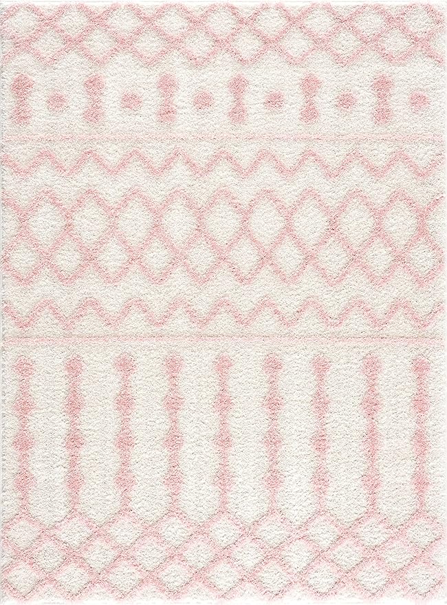 Hauteloom Tilos Moroccan Farmhouse Hallway, Entryway Shag Runner Rug - Shaggy Long Runner Rug - Trellis Pattern - High Plush Pile - Cream, Pink, Beige - 2'7" x 7'3"