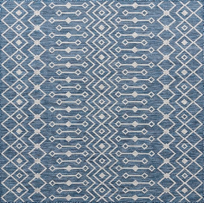 Unique Loom Outdoor Trellis Collection Area Rug - Tribal Trellis (8' Square, Blue/ Ivory)