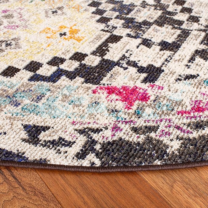 SAFAVIEH Madison Collection Area Rug - 9' Round, Black & Yellow, Boho Diamond Distressed Design, Non-Shedding & Easy Care, Ideal for High Traffic Areas in Living Room, Bedroom (MAD418Z)