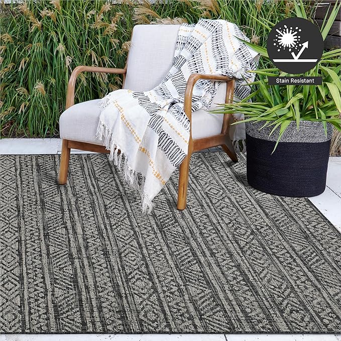 FH Home Outdoor Rug - Waterproof Easy to Clean Stain Resistant - Patio Indoor Outdoor Porch Deck Balcony Entryway - Striped Boho - Amman - Charcoal - 6' x 9'