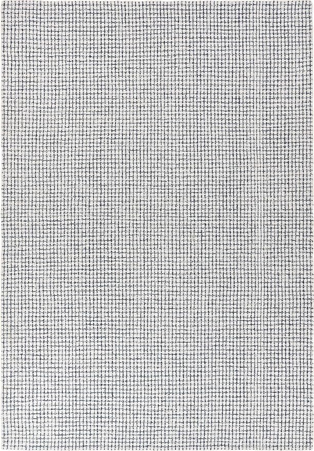 Hand-Tufted 100% Wool Pile Area Rug – Geometric Textured Grid Check Pattern – Thick and Durable Floor Carpet for Bedroom, Living Room, Kids Room, and Dining Area (Ivory, Denim, 8' x 11')