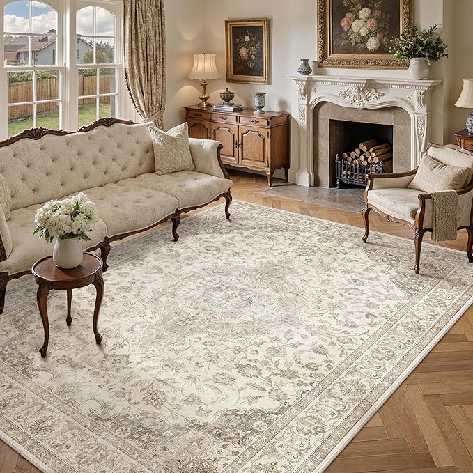 HUGEAR Area Rug 8x10 Vintage Brown Machine Washable Living Room Rugs Thin Neutral Floral Vacuumable Low Pile Carpet Bedroom Office Dining Room Laundry Room Non Slip Soft Lightweight