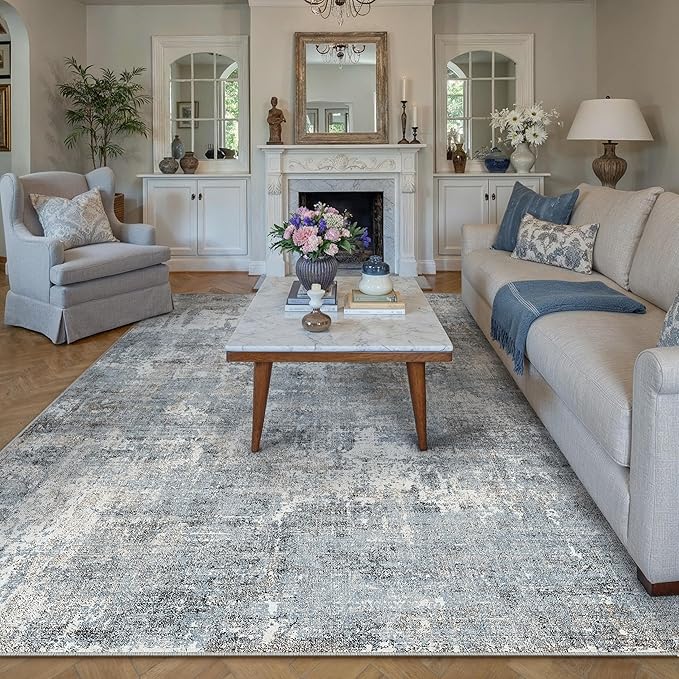 Machine Washable Area Rug 6x9 Grey Large Living Room Indoor Accent Rug Neutral Modern Abstract Low Pile Carpet Non Slip Distressed Throw Rug Bedroom Office Dining Room