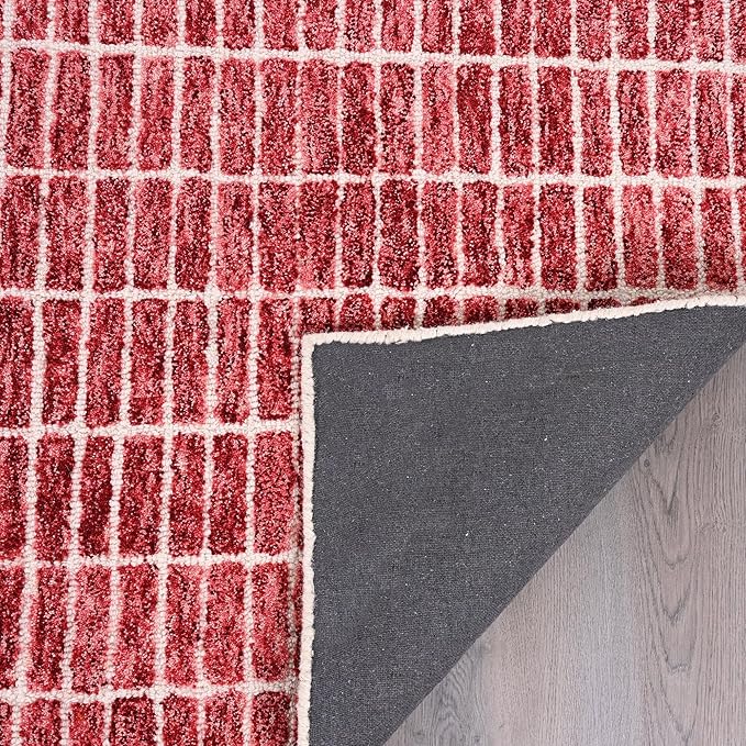 Hand-Tufted 100% Wool Area Rug – Unique Modern Geometric Grid Pattern, Soft Plush Textured Carpet for Living Room, Bedroom, Dining Room & Entryway (Brick Red, 2.6' x 8')
