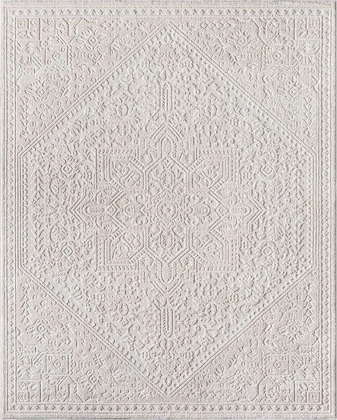 Well Woven Harlow Collection Cloud Medallion Ivory - Modern Tribal Minimalist 5x7 Area Rug - Ideal for Living Room, Dining Room & Bedroom - Durable, Stain Resistant & Easy to Clean