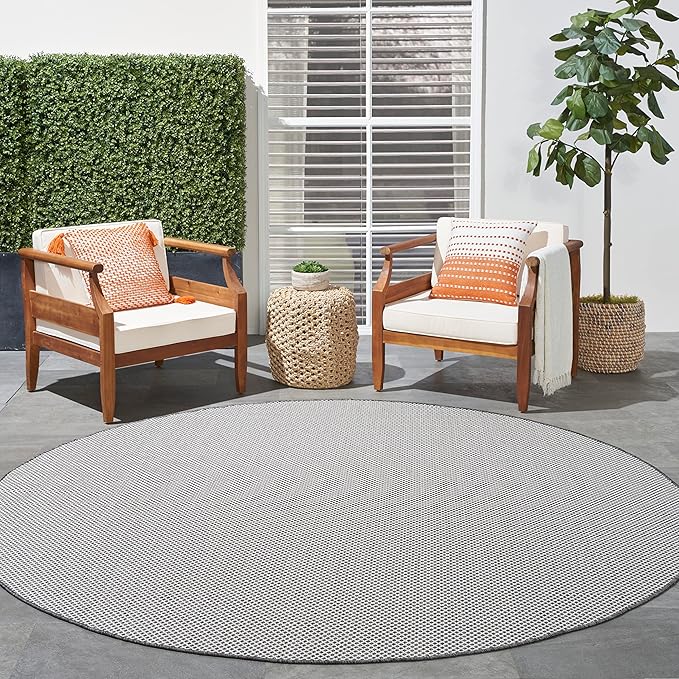 Nourison Home Courtyard Ivory Charcoal 6' x Round Area Rug - Easy Clean, Non Shedding, Bed Room, Living Room, Dining Room, Kitchen (6' x Round)