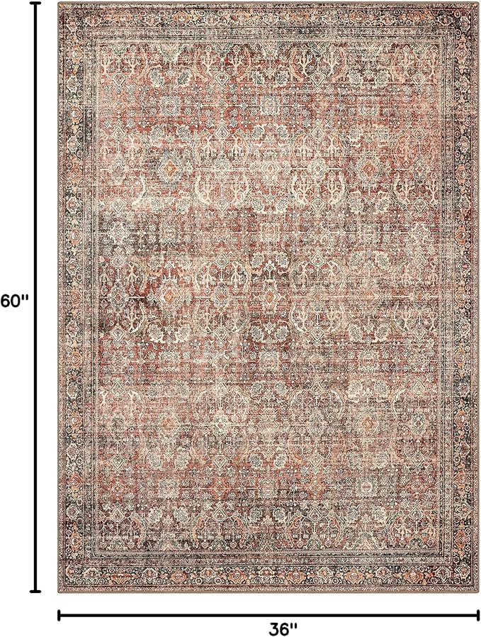 3x5 Area Rug Machine Washable Boho Rug for Living Room,Ultra-Thin Low Pile Carpet,Lightweight Indoor Printed Rug,Non Slip Floral Area Rug for Bedroom, Dining Room, Home Office,Terracotta/Indigo